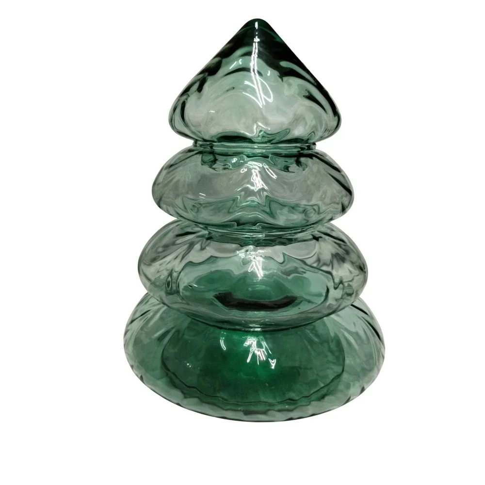 Green Glass Tiered Christmas Tree Apothecary Jar 4 Piece Stackable‎ Candy Dish
